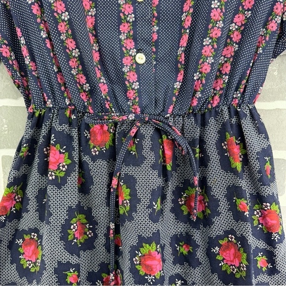 Vintage Berkliff Boho Floral Peasant Navy and Pink Midi Dress Size Medium - Picture 7 of 9
